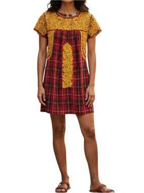 Sister Mary Red Plaid Yellow Embroidered
Mini Dress Cotton Boho Tassel Large